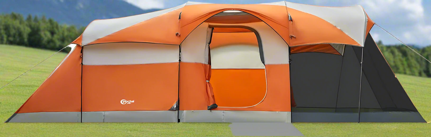 large orange tent setup in campground